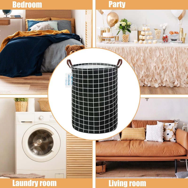 LANGYASHAN Laundry Basket Canvas Fabric Collapsible Organizer Basket for Storage Bin Toy Bins Gift Baskets Bedroom Clothes Children Nursery Hamper (Black Grid) - Image 3